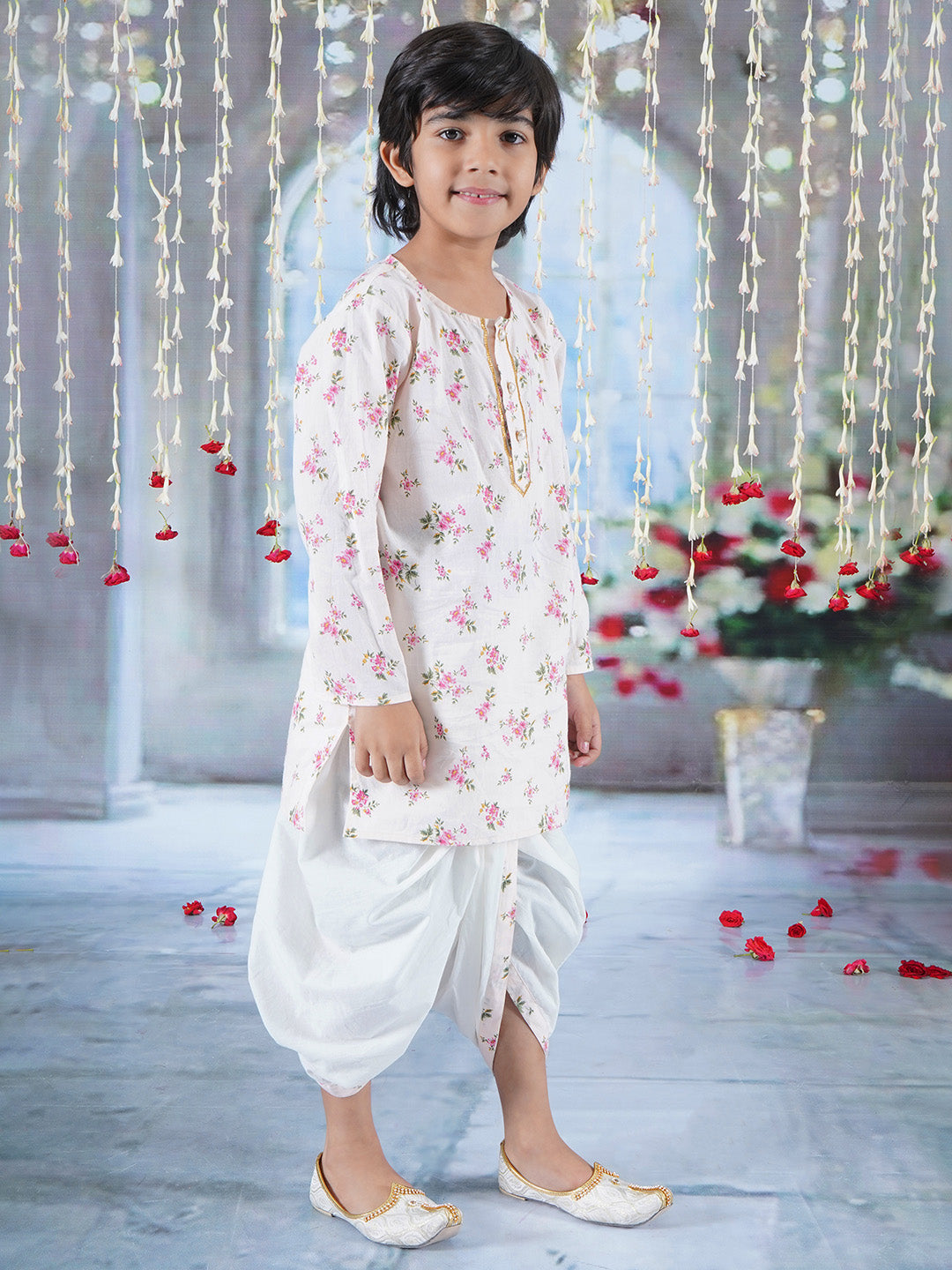 Boys Cotton Full Sleeves Kurta Dhoti with Garden Floral Print and Pearl Buttons - Beige Pink  | SHOBITAM