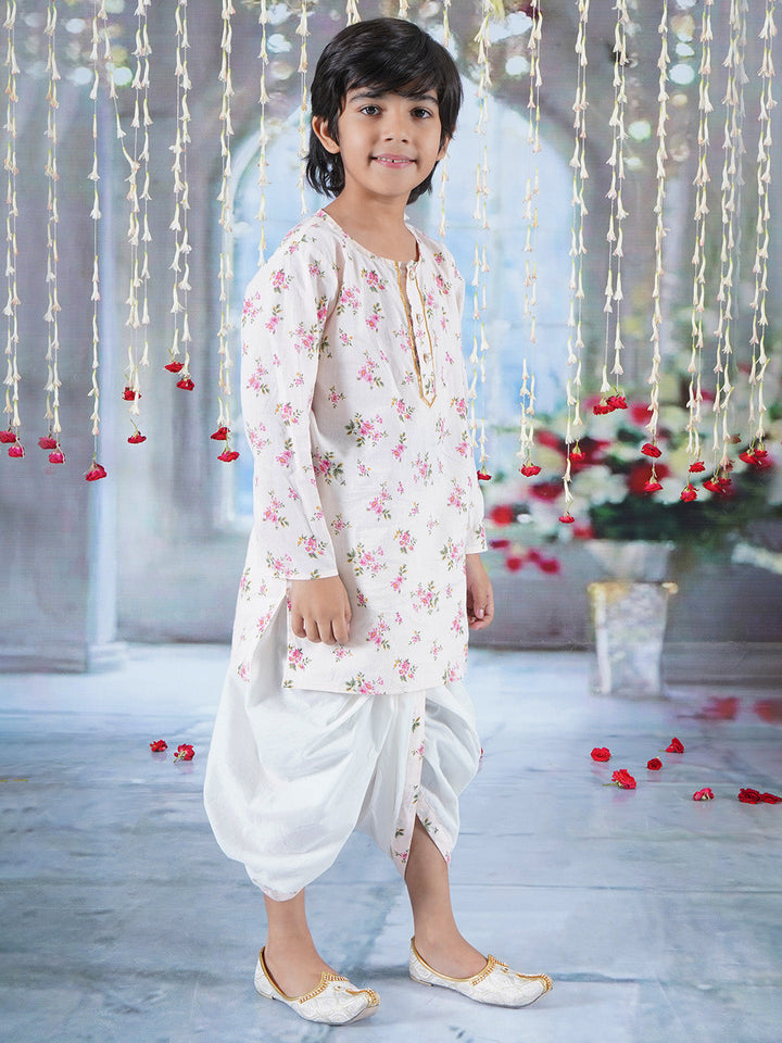 Boys Cotton Full Sleeves Kurta Dhoti with Garden Floral Print and Pearl Buttons - Beige Pink  | SHOBITAM