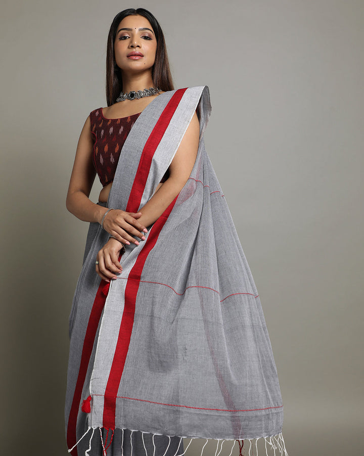 Handloom Solid Cotton Saree with Blouse Piece | SHOBITAM