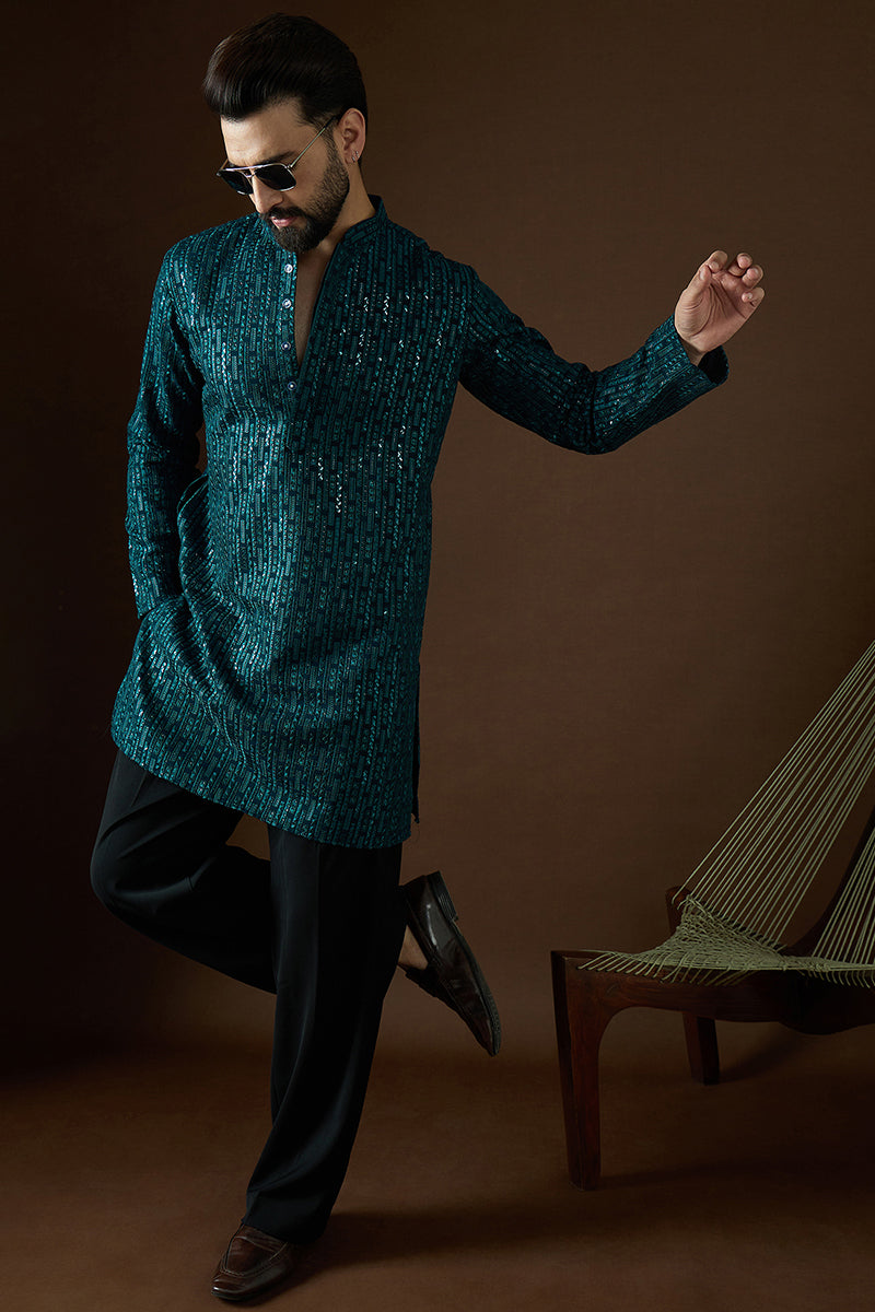 Teal Georgette Solid Embroidered Straight Kurta | SHOBITAM