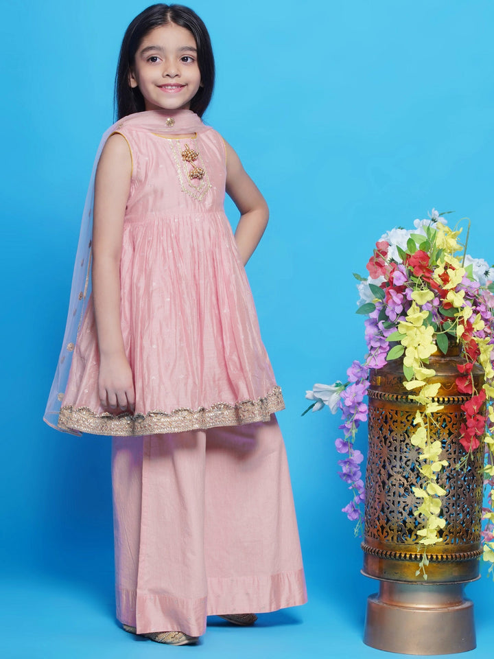 Chanderi Golden work Butta Kurta Plazzo Set - Peachish Pink | SHOBITAM