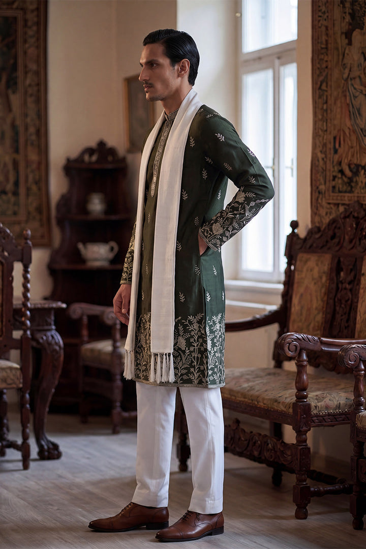 Men Olive Chanderi Silk Solid Embroidered Straight Kurta Trouser with Dupatta  | SHOBITAM