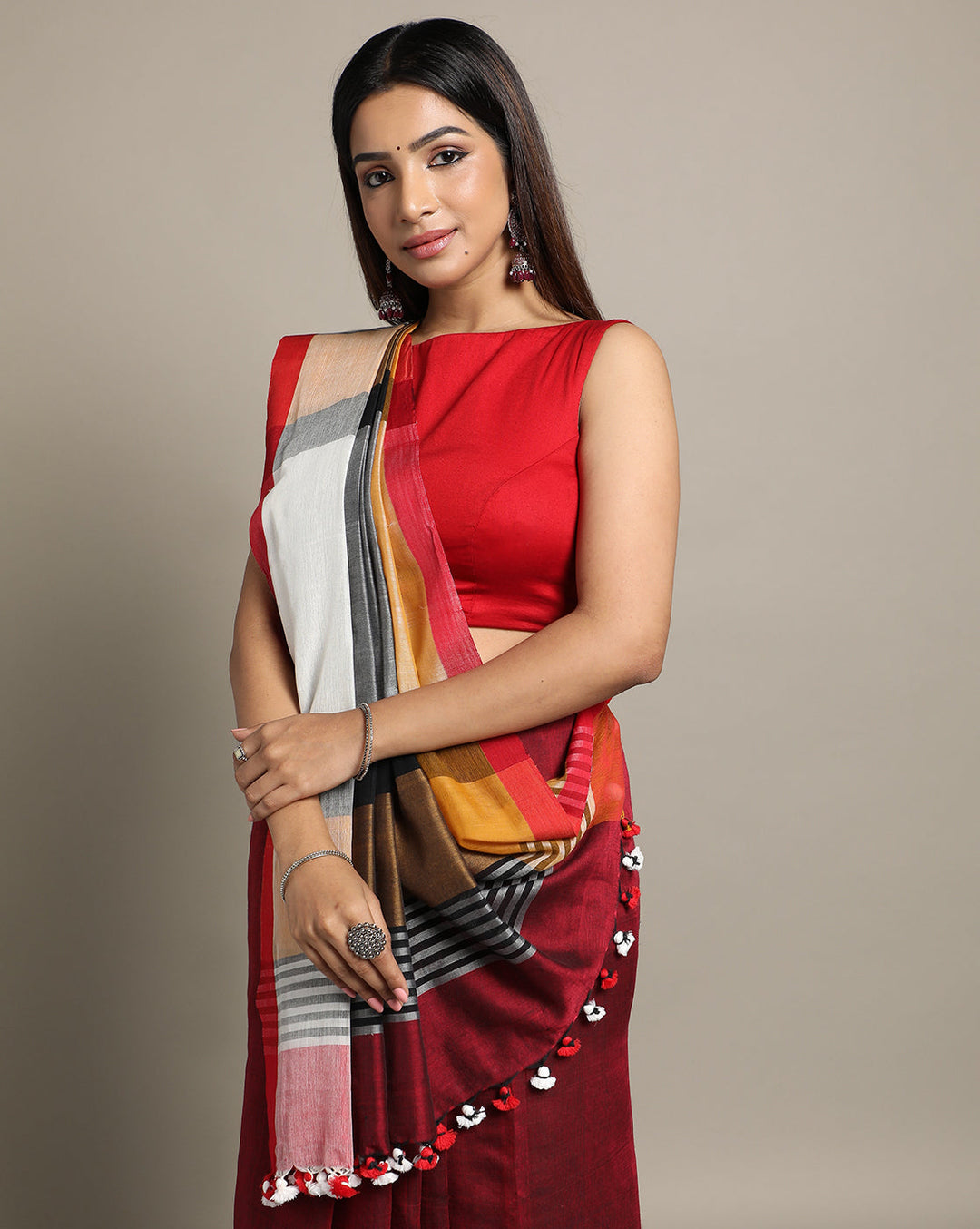 Handloom Colour block Cotton Saree with pompoms | SHOBITAM