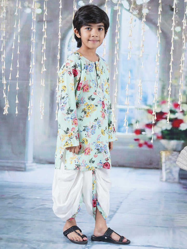 Boys Cotton Full Sleeves Kurta Dhoti with Rose Floral Print and Pearl Buttons - Green  | SHOBITAM