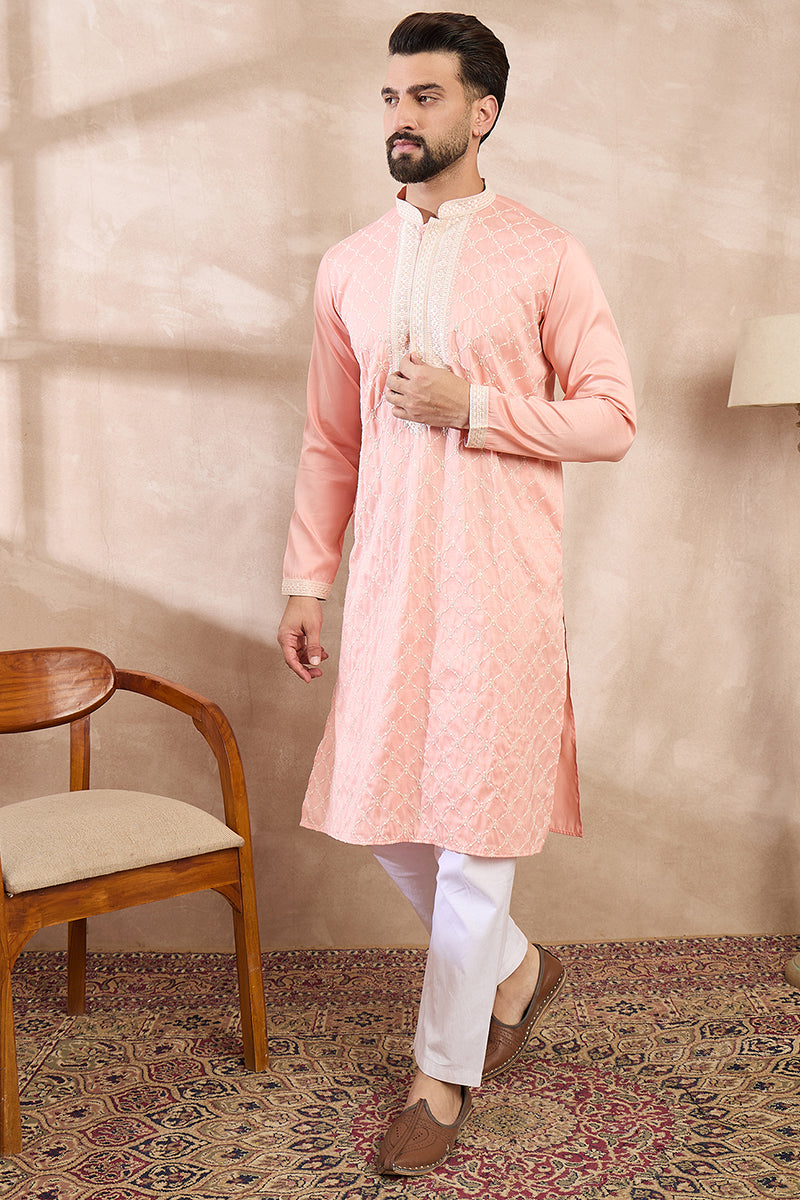 Pink Silk Blend Ethnic Motifs Embroidered Straight Kurta With Trouser | SHOBITAM