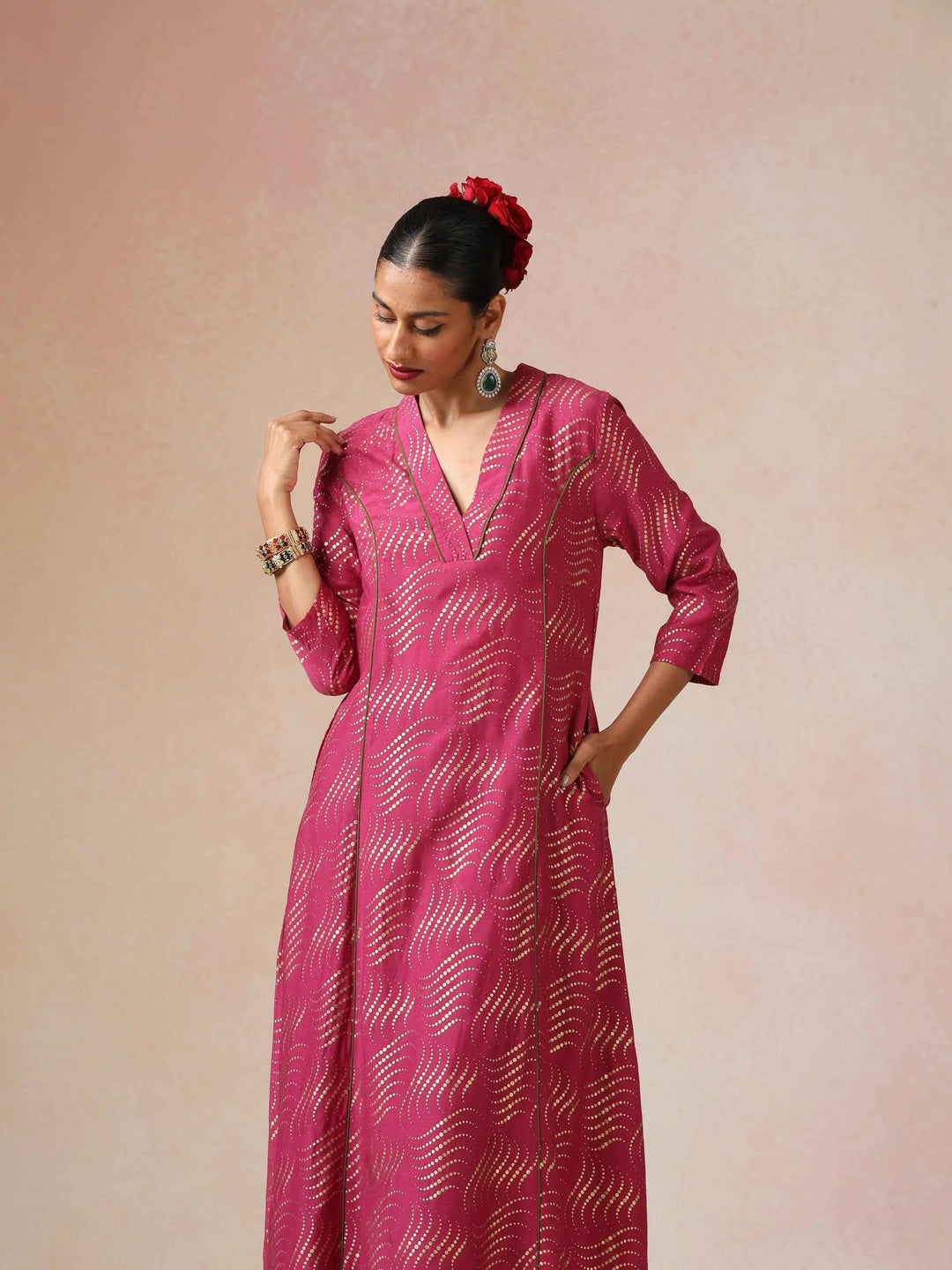 Pink Gold Foil Print Muslin Silk A-line Kurta Set | SHOBITAM
