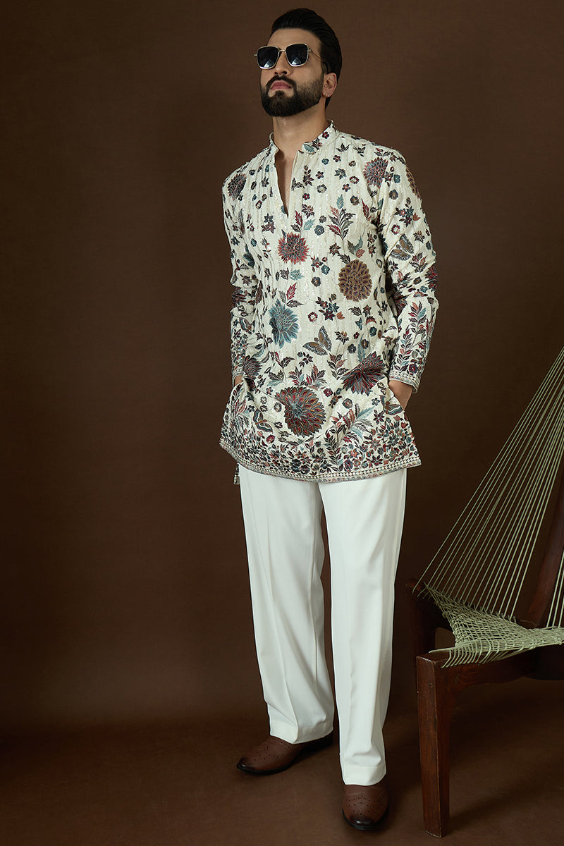 White Georgette Solid Embroidered Straight Kurta | SHOBITAM