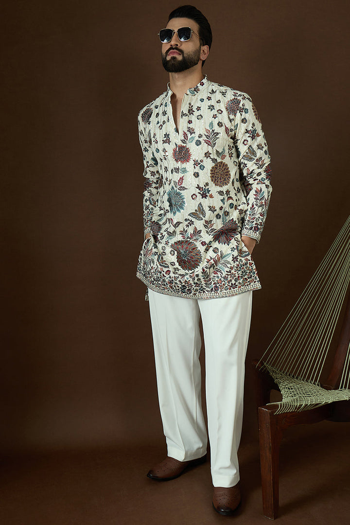 White Georgette Solid Embroidered Straight Kurta | SHOBITAM