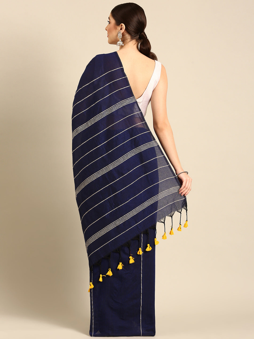 Blue Pure Cotton Saree with Long Tassels and Blouse piece