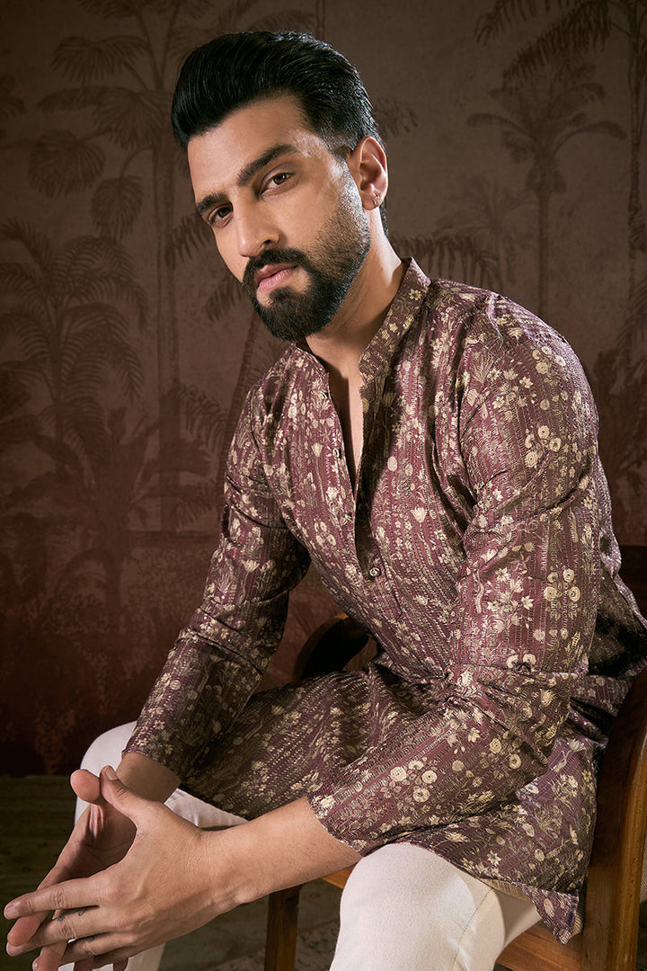 Mauve Silk Blend Floral Printed Straight Kurta For Men | SHOBITAM