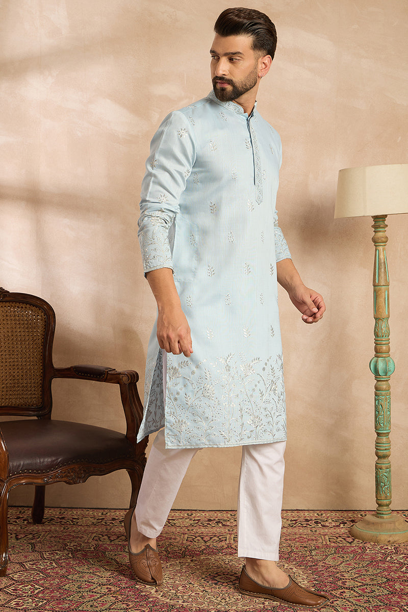 Blue Silk Blend Solid Embroidered Straight Kurta With Trouser For Men | SHOBITAM
