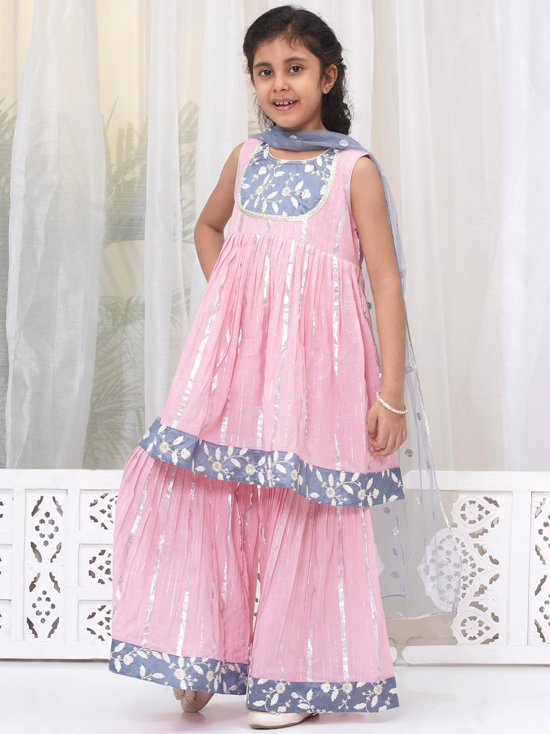Girls Cotton Sleeveless White Thread Floral Embroidery Kurta Frock with Sharara and Dupatta - Pink | SHOBITAM