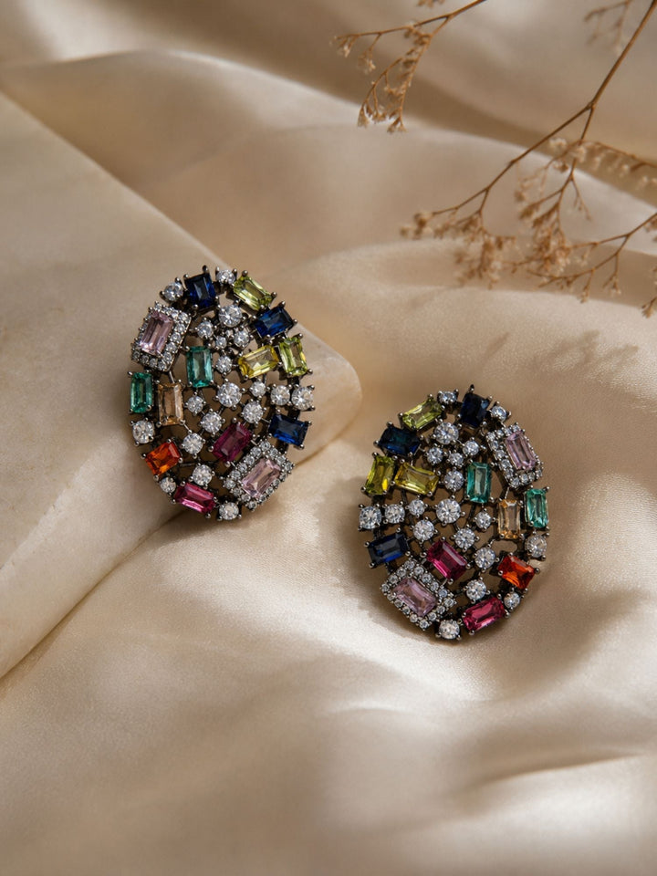 Multicolor Crystal Stud Black Rhodium Earrings | SHOBITAM