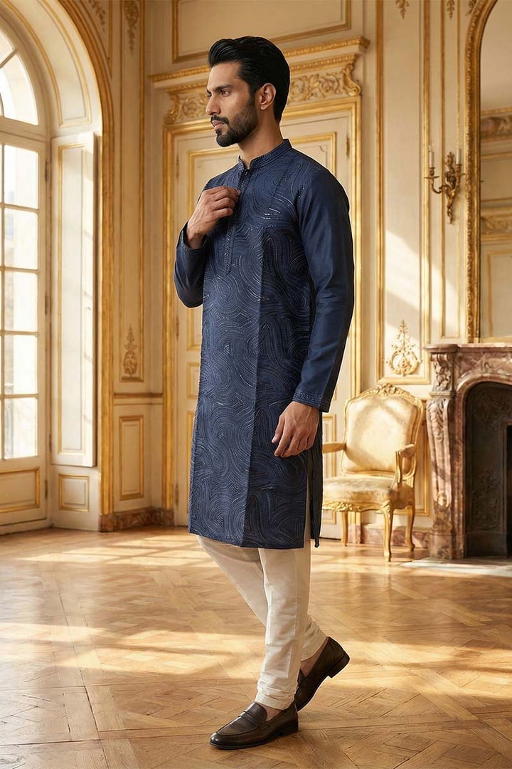 Blue Silk Blend Embroidered Straight Kurta | SHOBITAM
