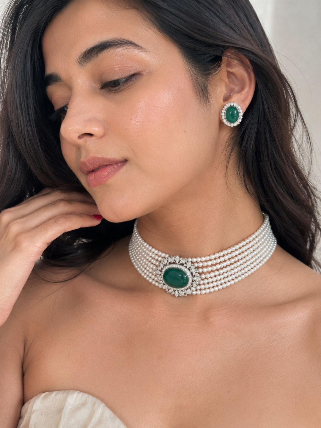 Emerald Pearl Choker Necklace Set in Silver Plating | SHOBITAM