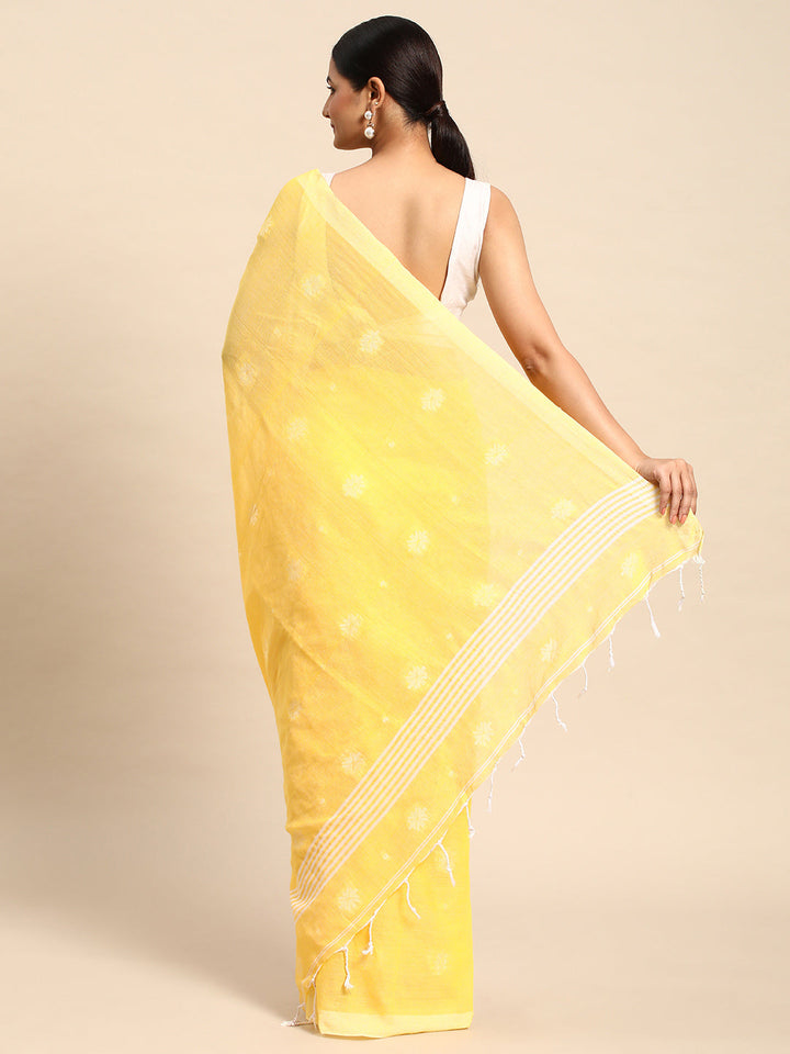 Yellow White Buti Cotton Saree With Minimal Border