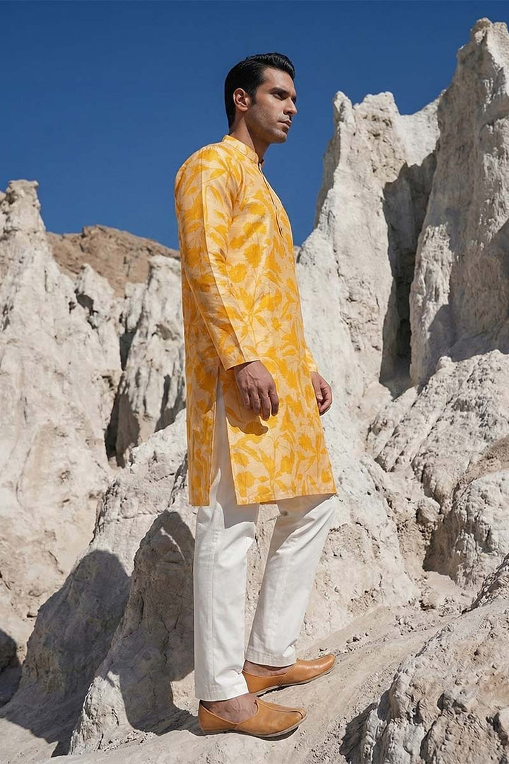 Yellow Silk Blend Printed Straight Kurta | SHOBITAM