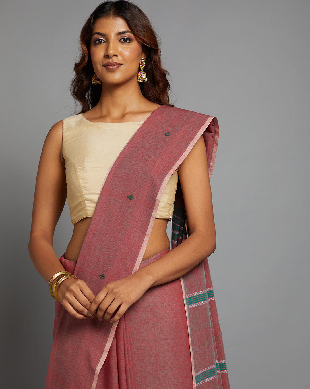 Pink Green Jamdani Cotton Saree | SHOBITAM