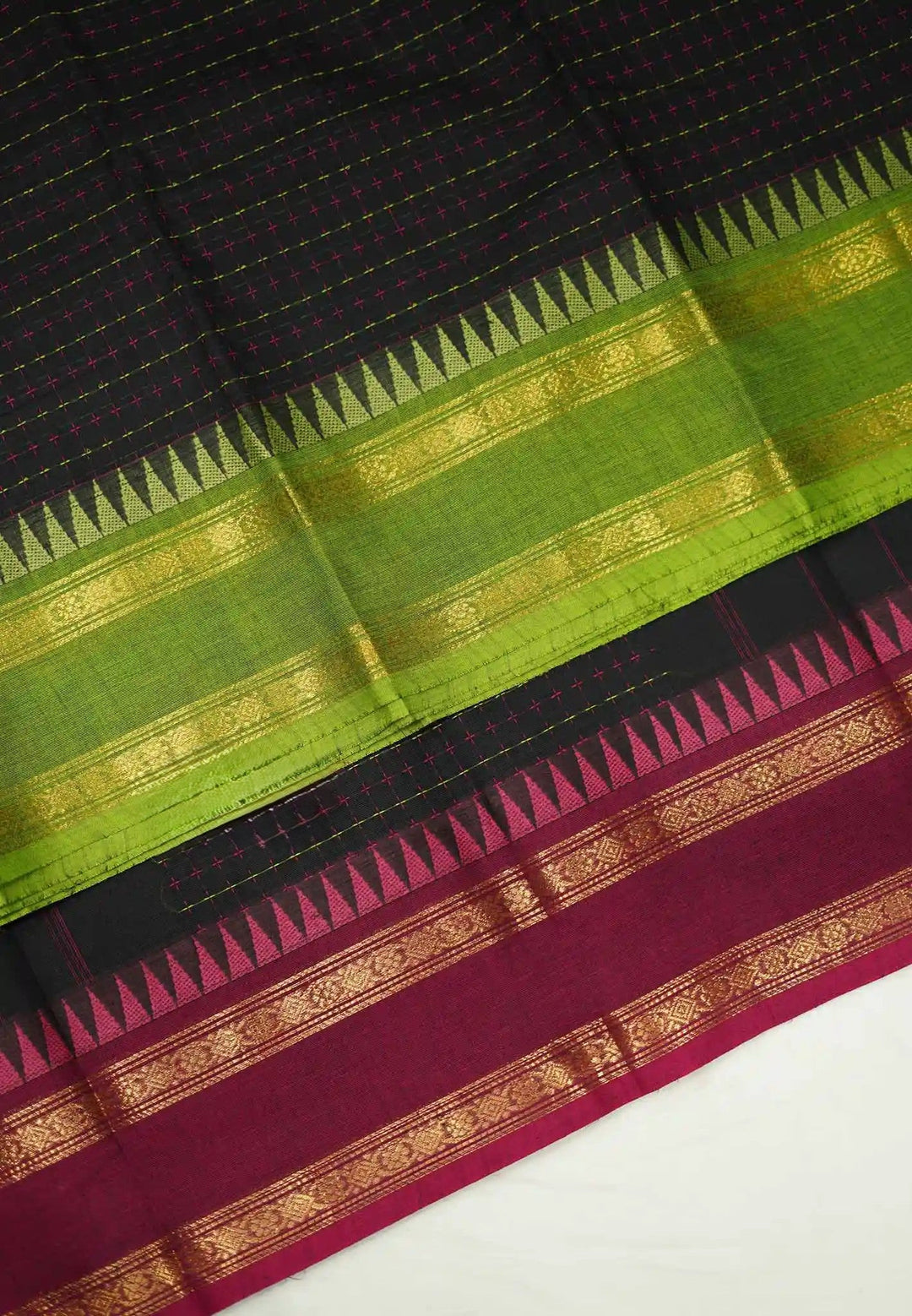 Black Cotton Mercerized Cotton Saree with Ganga Jamuna Borders | SHOBITAM