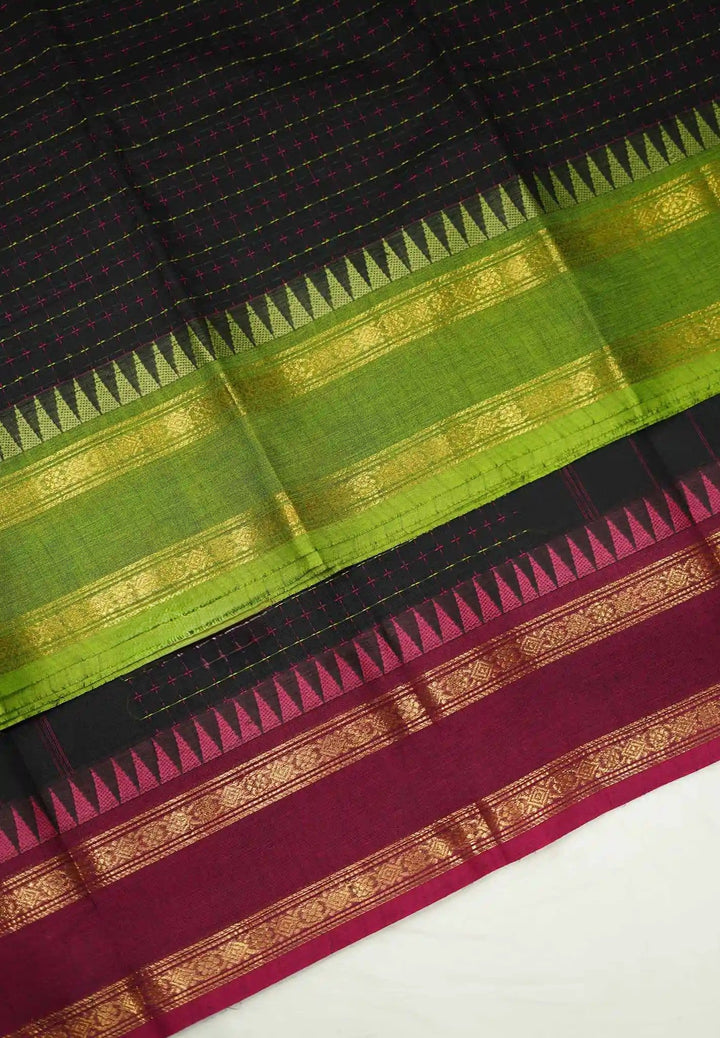 Black Cotton Mercerized Cotton Saree with Ganga Jamuna Borders | SHOBITAM