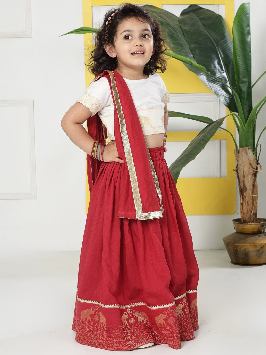 Red Elephant Zari Embroidery Chanderi Cotton Lehenga with Stitched Cream Blouse Set | SHOBITAM