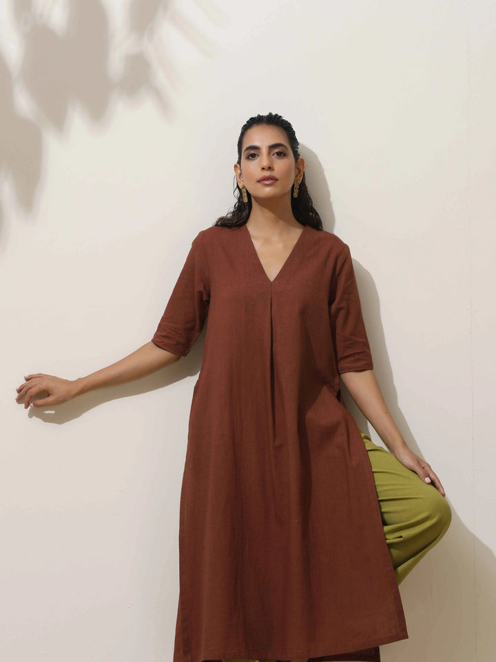 Brown Cotton Linen Kurta Pant Set | SHOBITAM