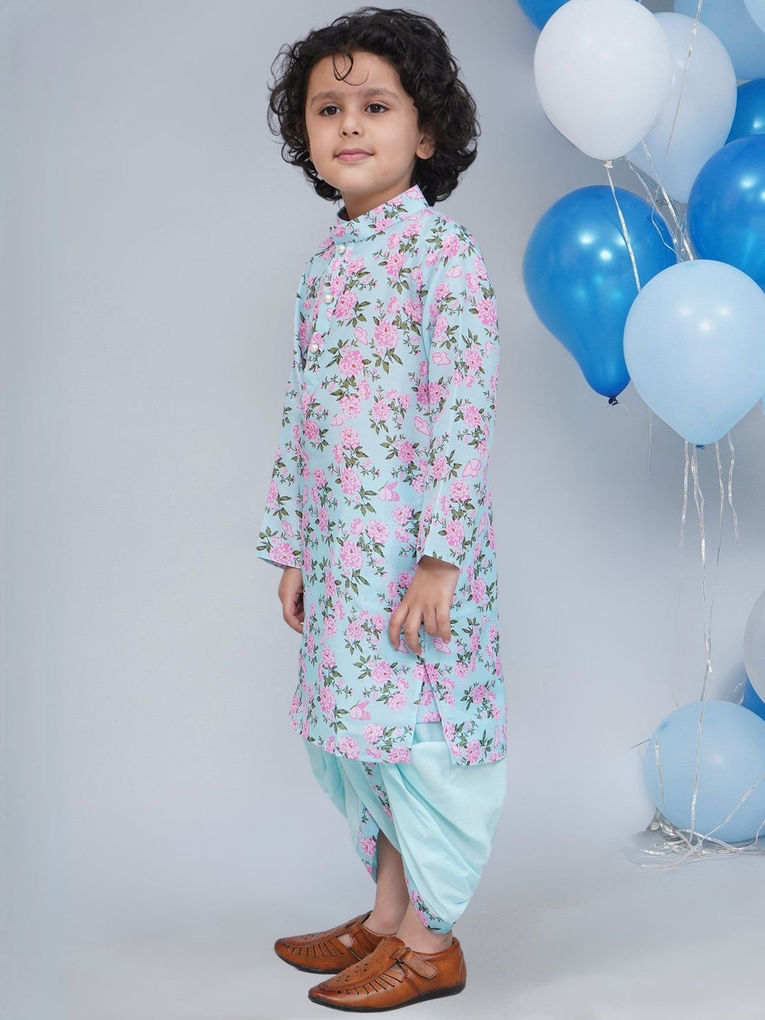 Boys Blue Muslin Floral Butterfly Dhoti Kurta Set  | SHOBITAM