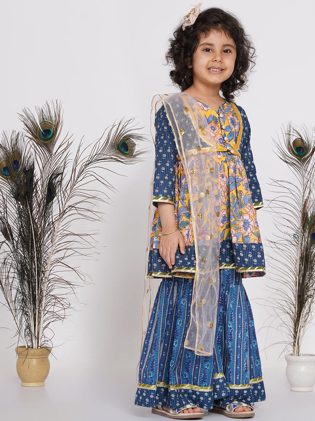 Girls Floral Kurta with Indigo Floral Jacket with Sharara and Dupatta in Blue & Yellow | SHOBITAM
