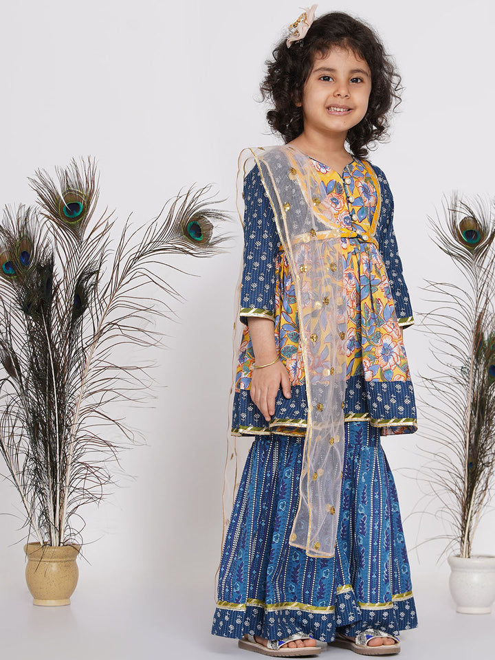 Girls Floral Kurta with Indigo Floral Jacket with Sharara and Dupatta in Blue & Yellow | SHOBITAM