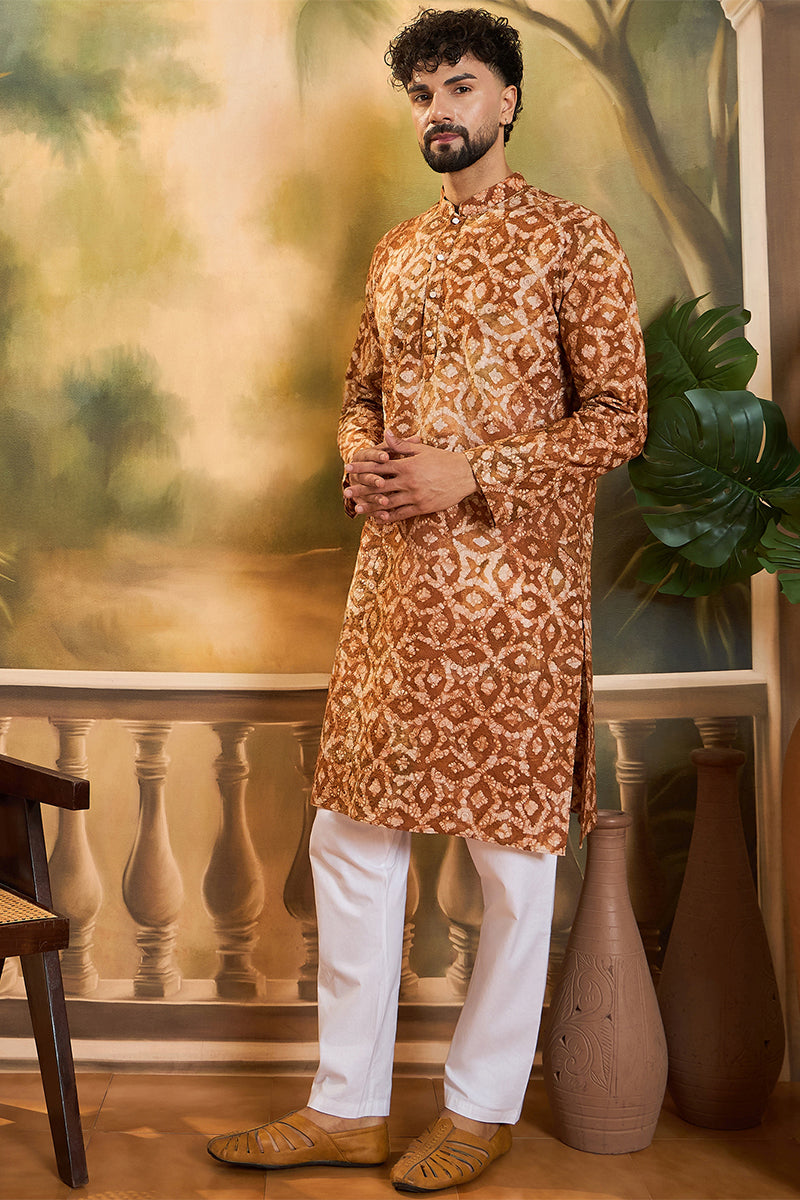 Brown Cotton Batik Embroidered Straight Kurta  | SHOBITAM