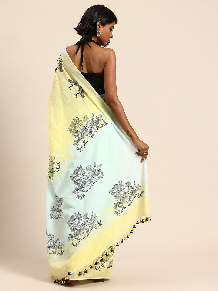 Handloom Sky Blue & Yellow Cotton Bird Print Saree