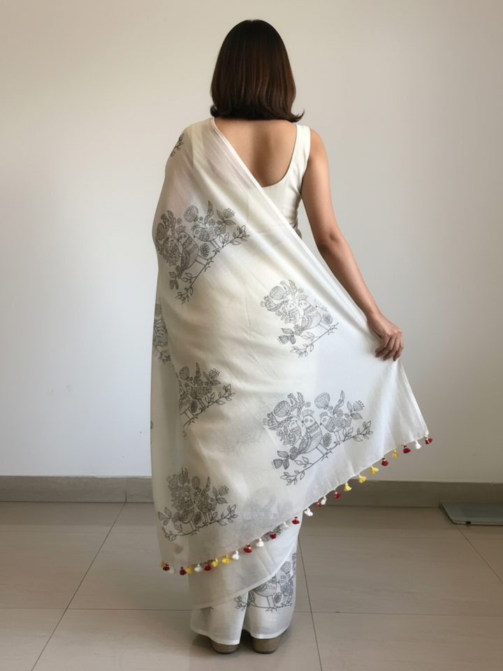 Handloom Cream Black Bird Print Saree | SHOBITAM