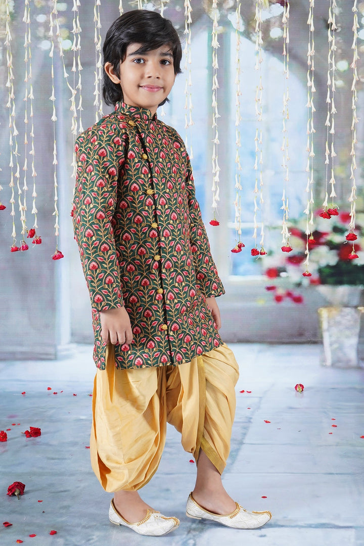 Boys Bageecha Floral Thread work Angrakha Sherwani with Beige Silk Dhoti in Green | SHOBITAM