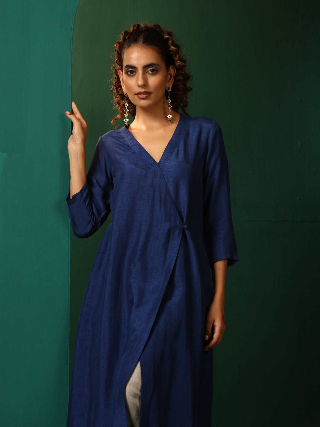 Blue Silk Angrakha Kurta Pant Set  | SHOBITAM