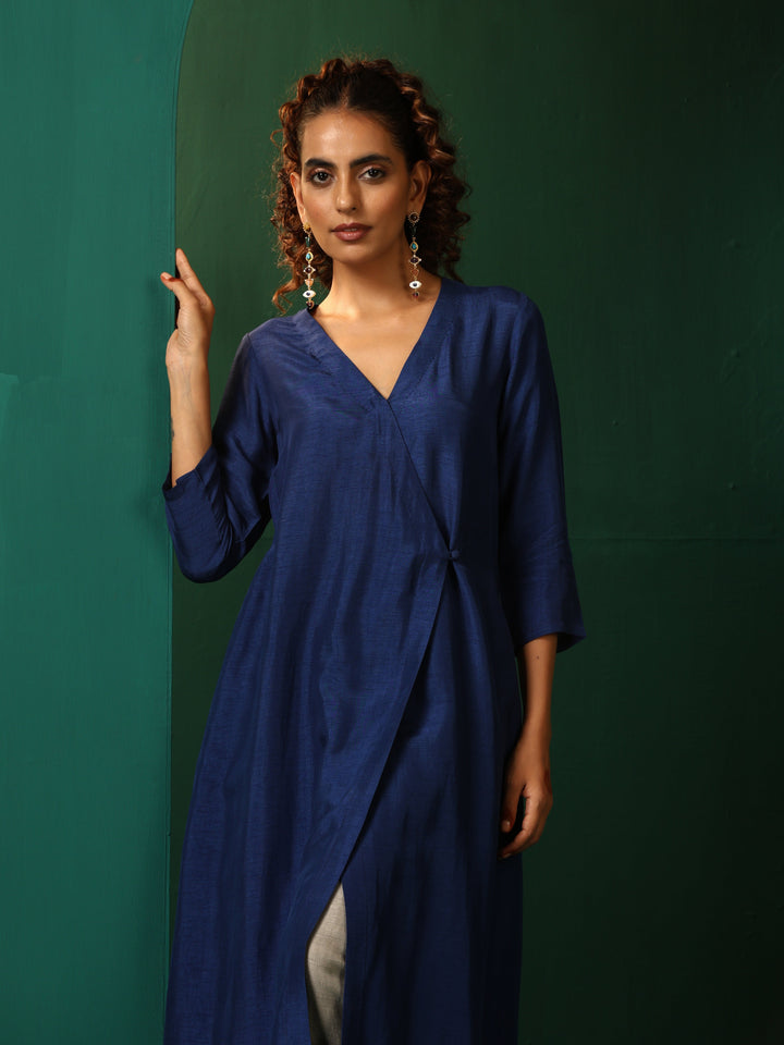 Blue Silk Angrakha Kurta Pant Set  | SHOBITAM