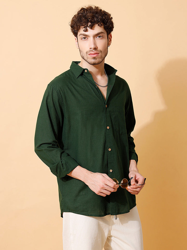 Men Handloom Cotton Solid Shirt in Dark Green