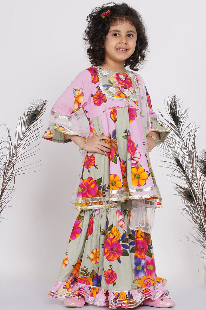 Girls Pearl Detailing Kali Frock Kurta with Sharara and Dupatta in Green & Pink | SHOBITAM