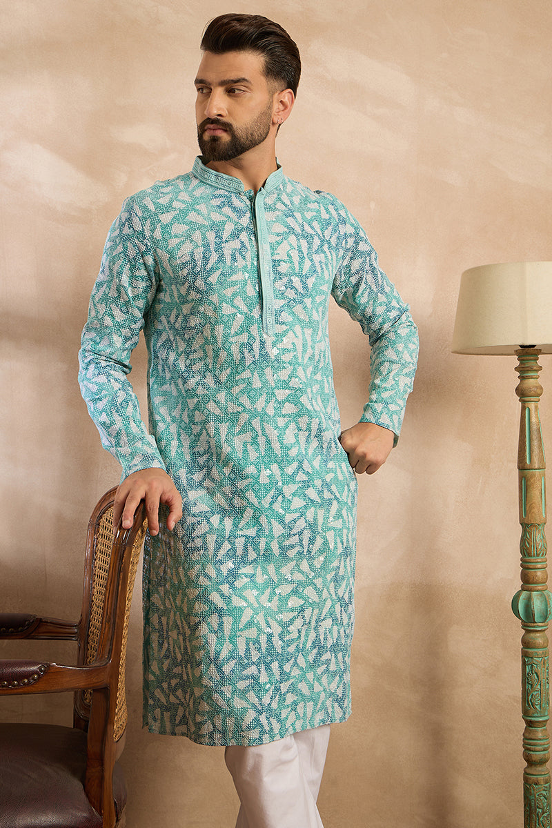 Teal Viscose Rayon Solid Printed Straight Kurta With Trouser| SHOBITAM