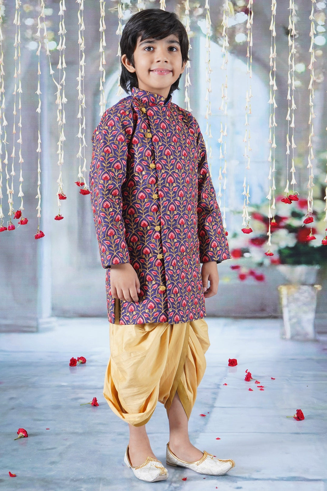 Boys Bageecha Floral Thread work Angrakha Sherwani with Beige Silk Dhoti  | SHOBITAM
