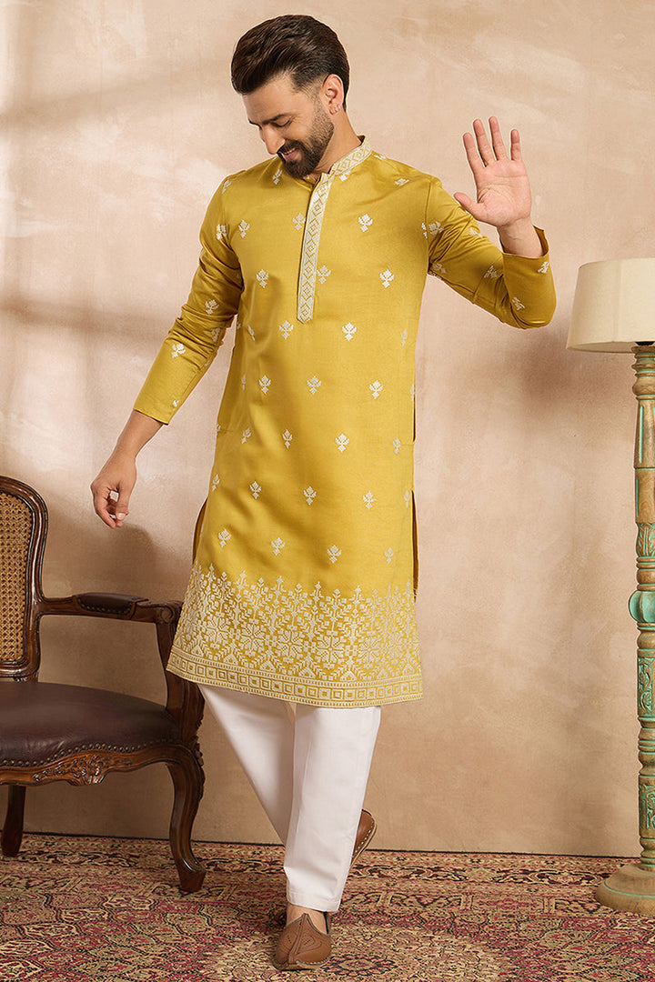 Yellow Polyester Solid Embroidered Straight Kurta With Trouser | SHOBITAM