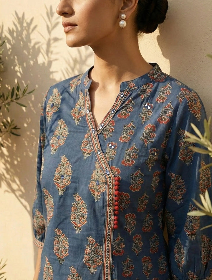 Blue Boota Print Angrakha Kurta Pant Dupatta Set | SHOBITAM