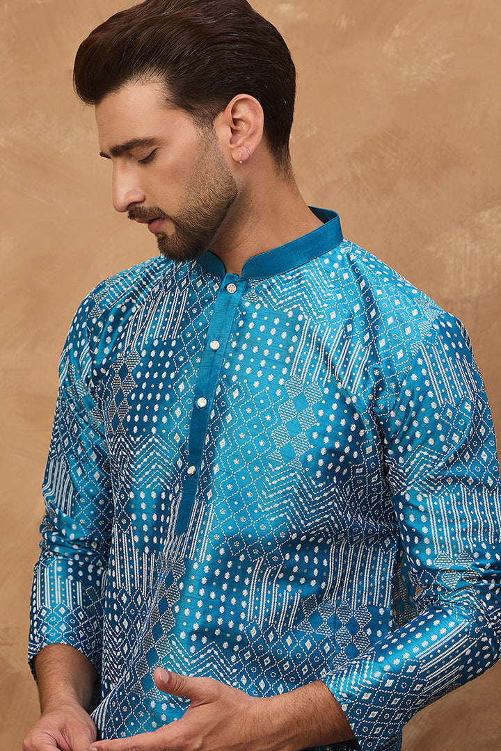 Blue Silk Blend Geometric Printed Straight Kurta  | SHOBITAM