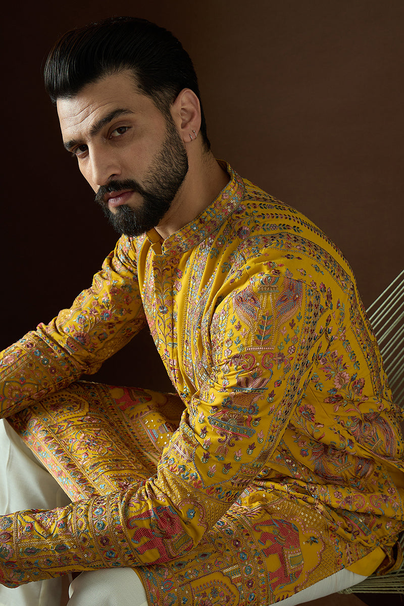 Yellow Georgette Solid Embroidered Straight Kurta| SHOBITAM