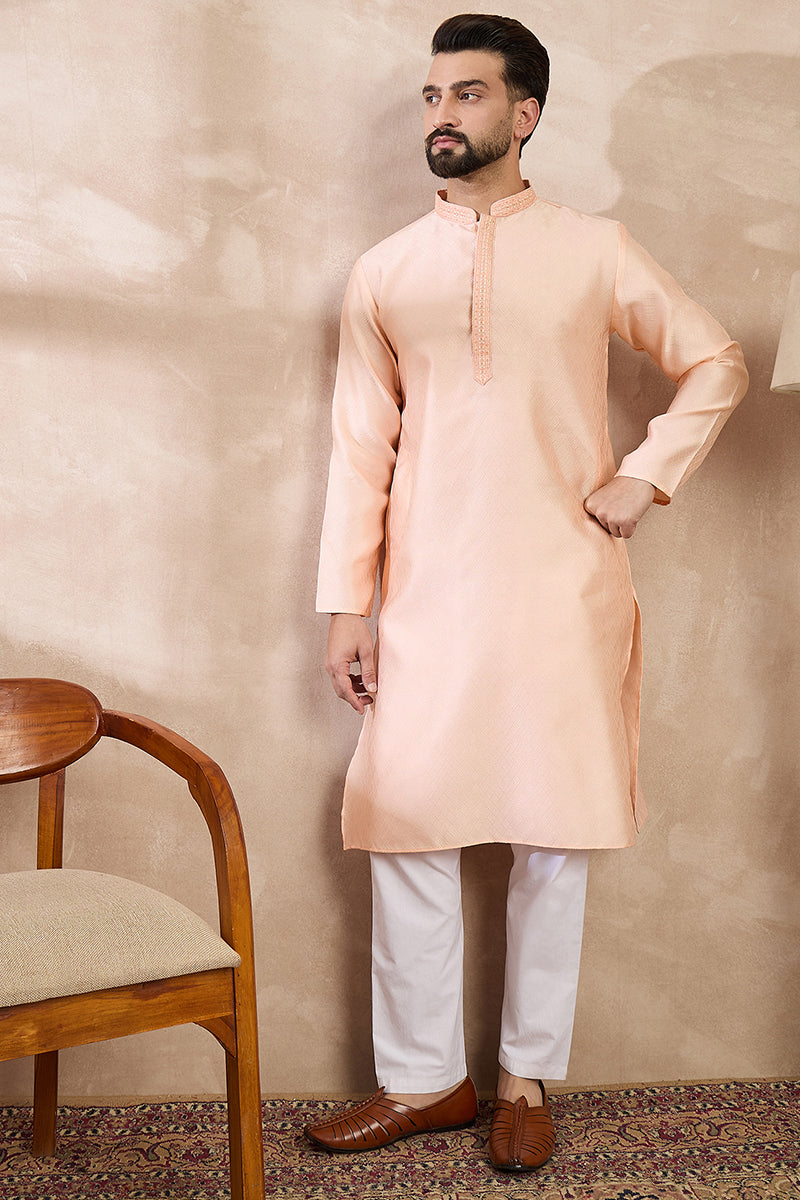 Peach Silk Blend Solid Embroidered Straight Kurta For Men | SHOBITAM