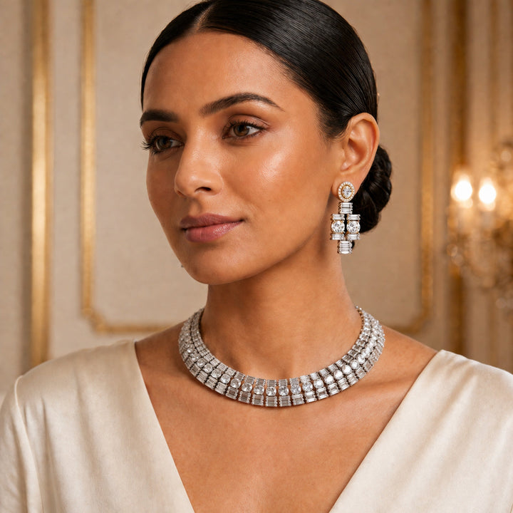 Silver & Gold CZ Baguette Collar Necklace Set with Geometric Drop Earrings | SHOBITAM