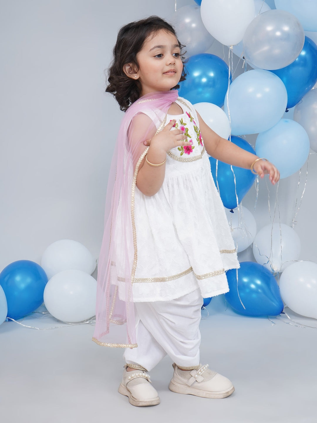 Girls Cotton Sleeveless Floral Self Weaving Kurta with Floral Applique work and Salwar with Dupatta - White