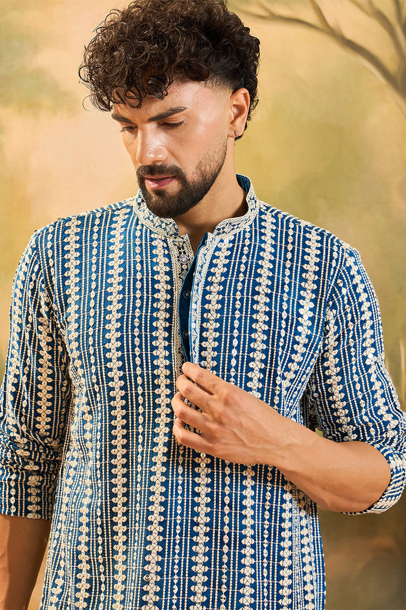 Blue Viscose Rayon Embroidered Straight Kurta | SHOBITAM