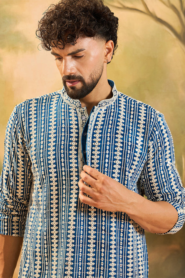 Blue Viscose Rayon Embroidered Straight Kurta | SHOBITAM