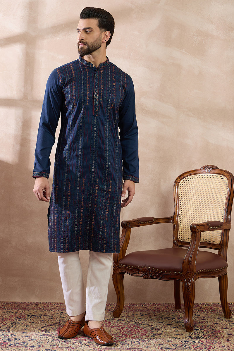 Navy Blue Silk Blend Embroidered Mandarin Collar Straight Kurta For Men | SHOBITAM