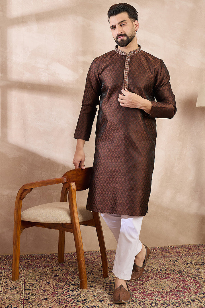 Brown Silk Blend Solid Woven Design Straight Kurta | SHOBITAM